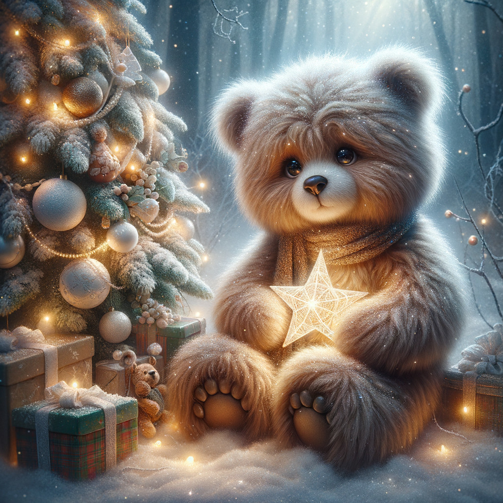 Teddy Bear in Snowy Christmas Scene with Lights