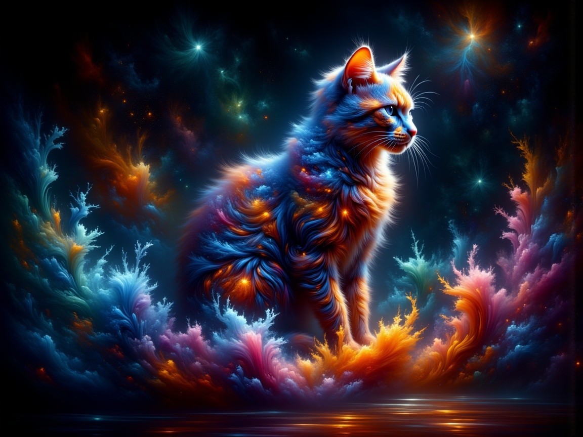 Vibrant Digital Artwork of a Majestic Cat in Cosmos