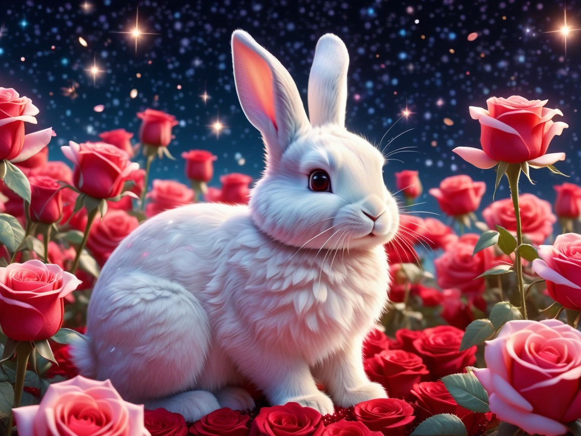 Fluffy White Rabbit Among Vibrant Red Roses and Stars