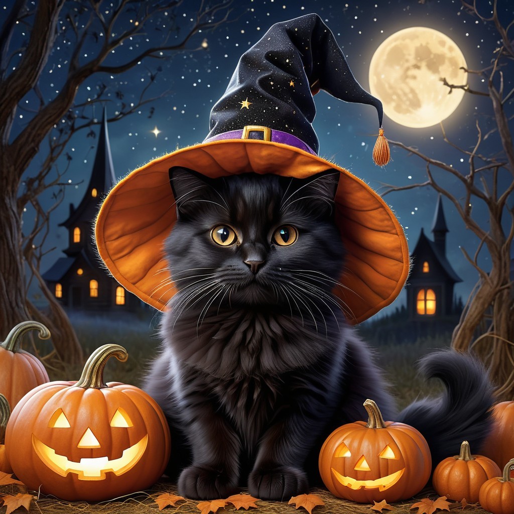 Whimsical Black Cat in Witch Hat Among Jack-o'-Lanterns