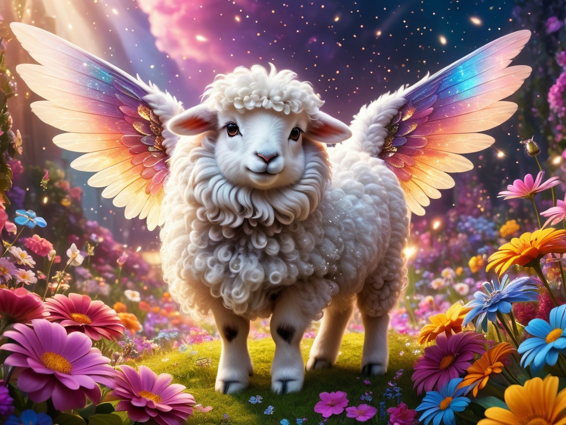 Fluffy Sheep with Iridescent Wings in Colorful Field