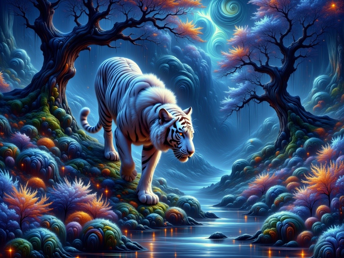 Majestic white tiger in vibrant fantasy landscape
