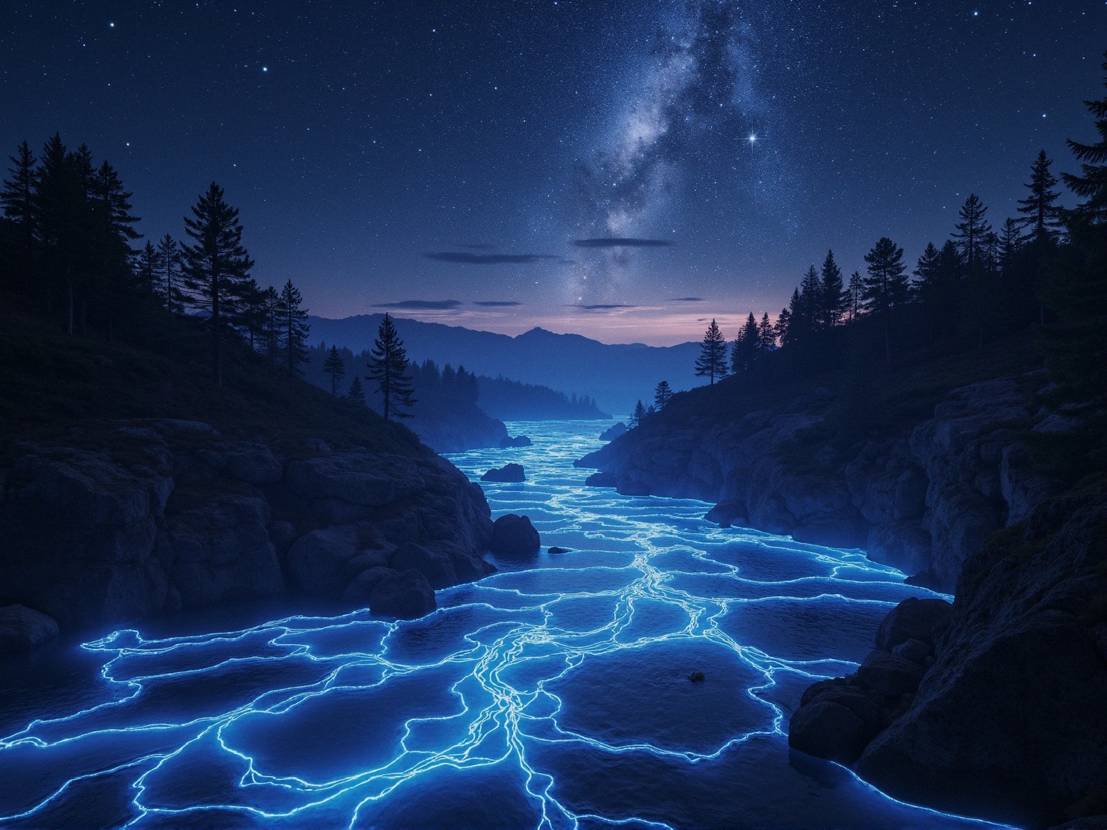 Serene Nighttime Landscape with Neon River and Stars