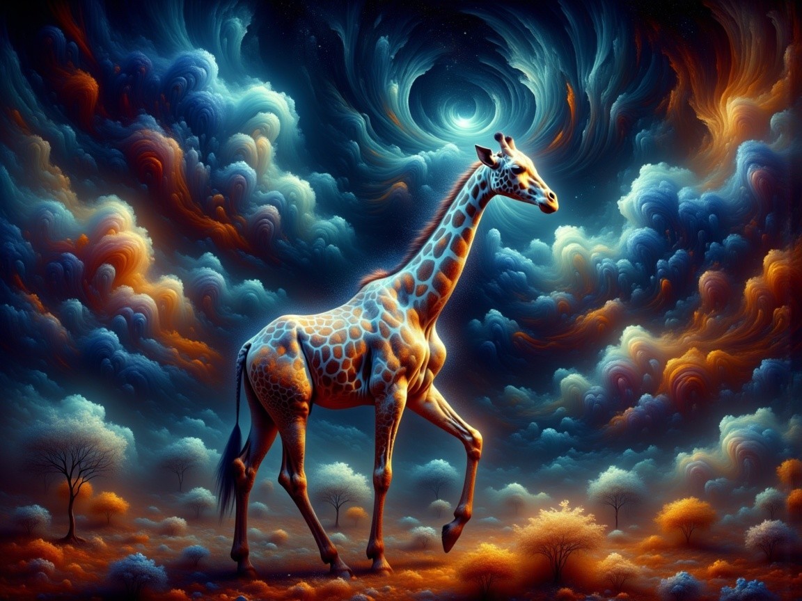 Giraffe in Surreal Landscape of Vibrant Clouds