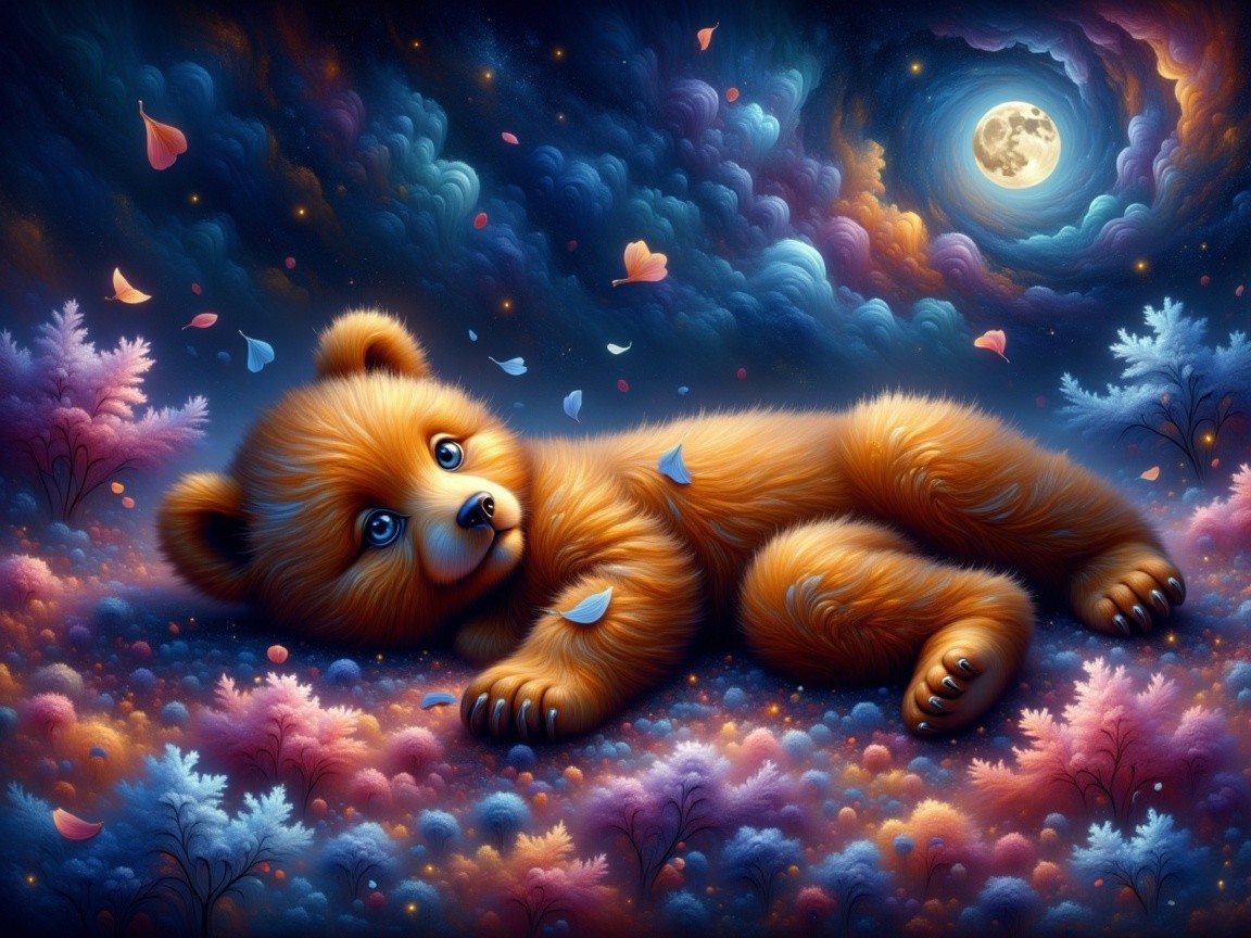 Golden bear cub resting among colorful flowers at night