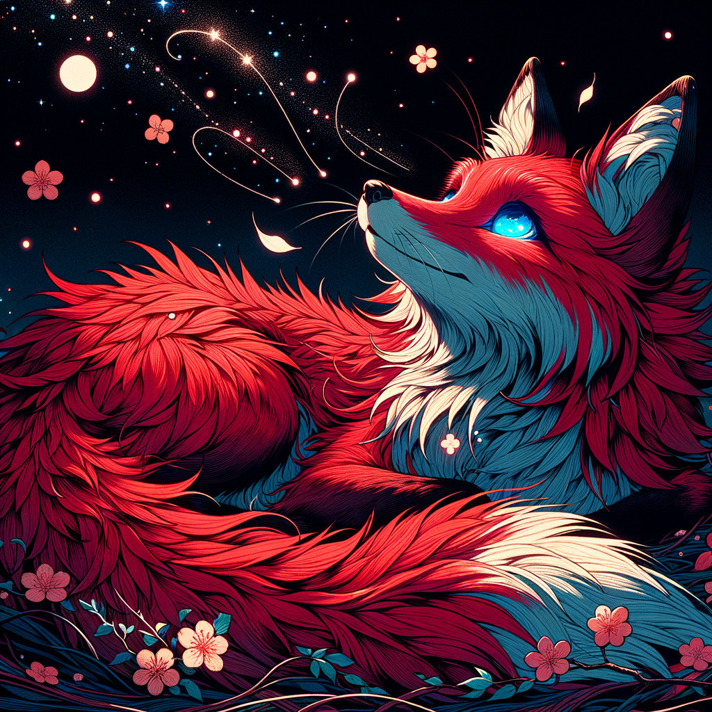 Vibrant Fox Against Starry Night Sky with Blossoms