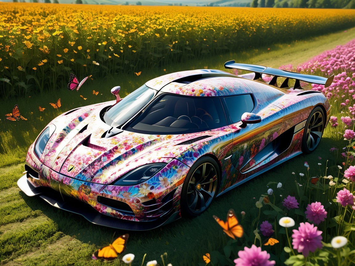 Supercar with Floral Wrap in Scenic Wildflower Path