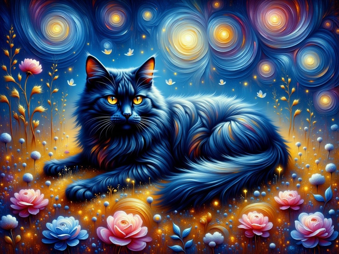 Majestic blue cat in a colorful flower landscape