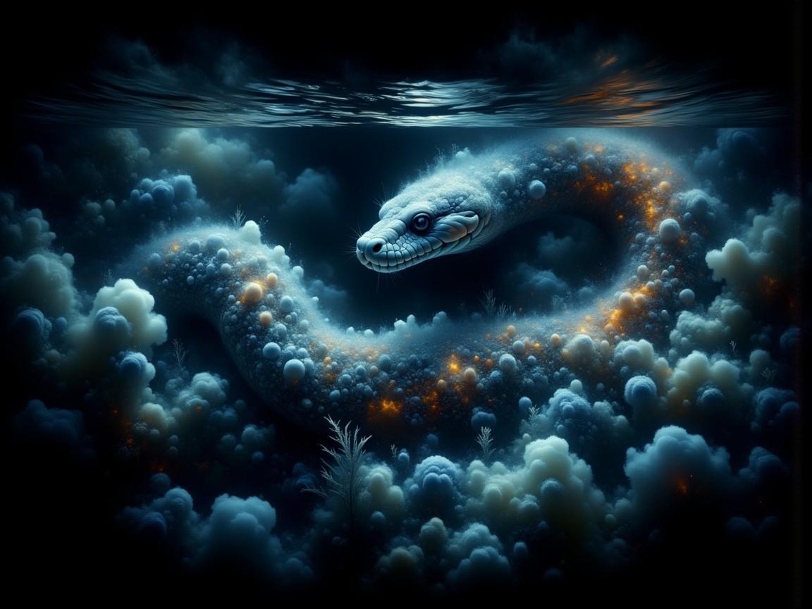 Majestic sea serpent in ethereal underwater clouds