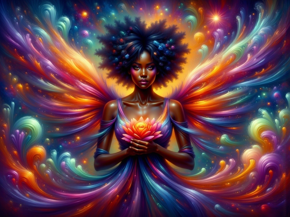 Digital Artwork of Woman with Afro and Lotus Flower