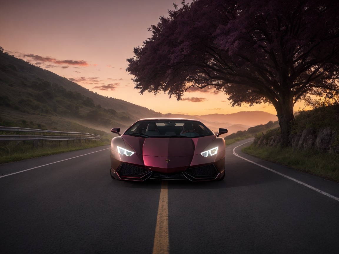 Maroon Sports Car Against Lush Landscape and Sunset
