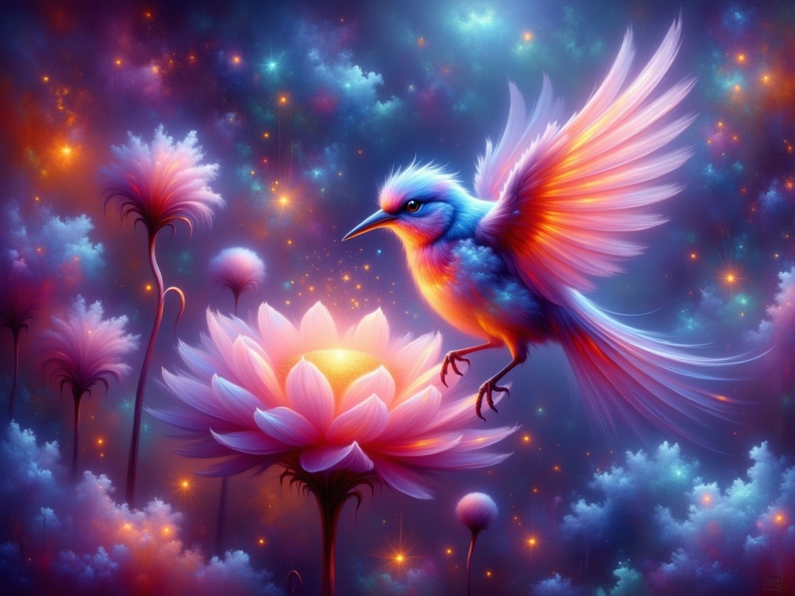 Colorful Bird on Glowing Lotus in Ethereal Scene