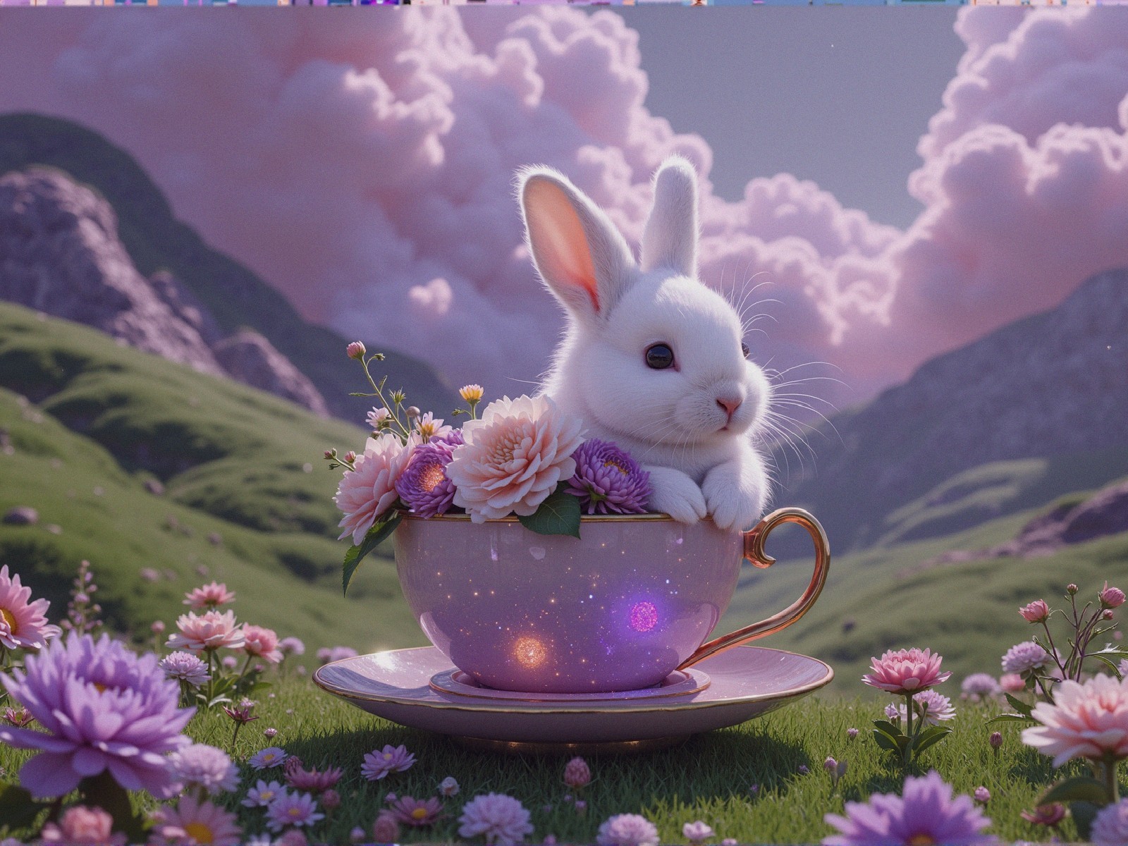 White Bunny in Teacup Surrounded by Colorful Flowers