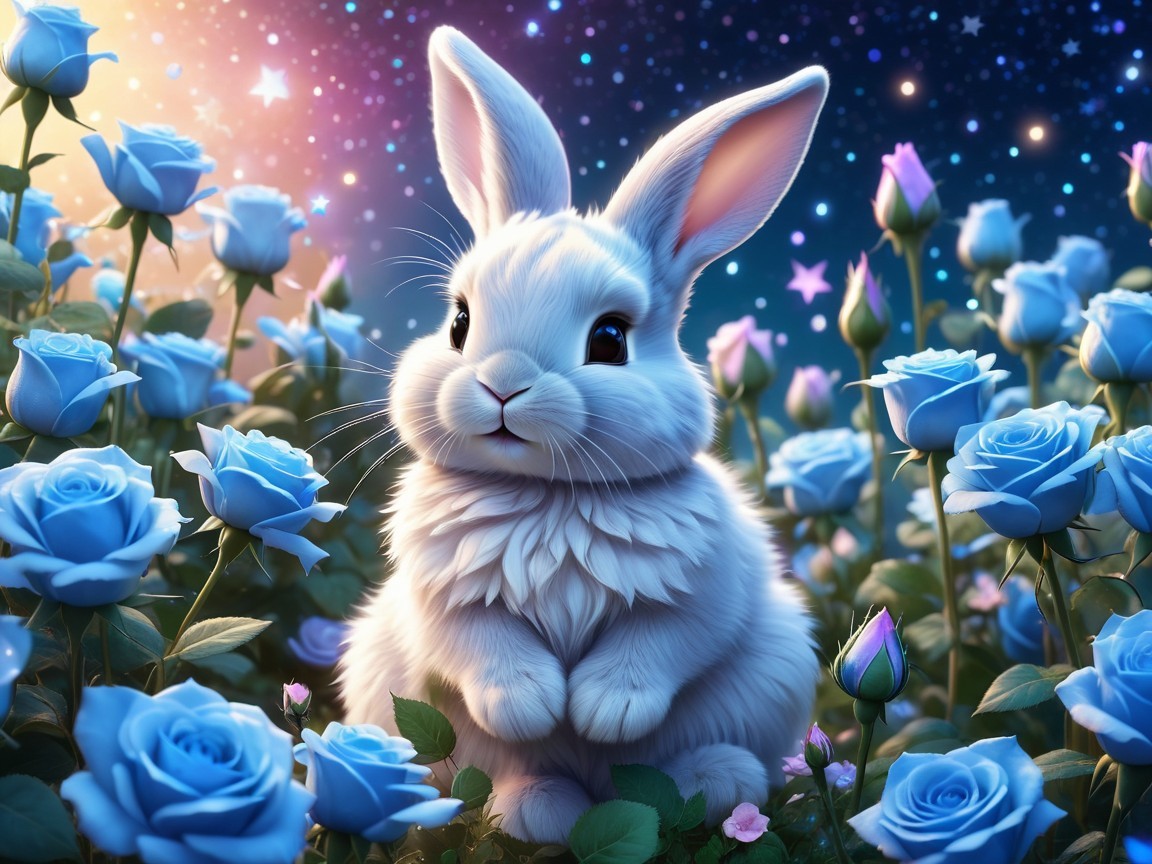 Fluffy White Rabbit in a Garden of Blue Roses