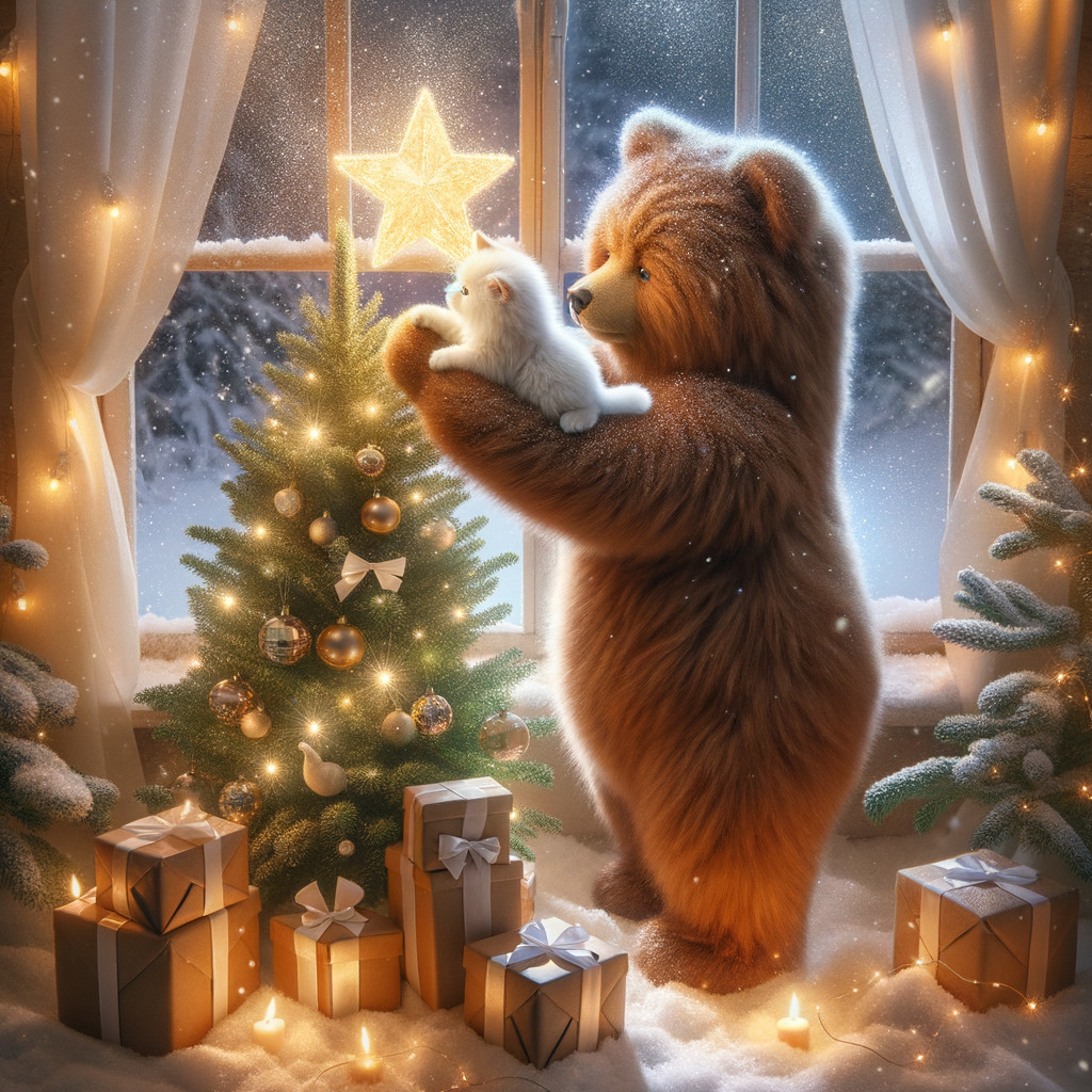 Whimsical Portrait of Teddy Bear and Kitten at Christmas Tree