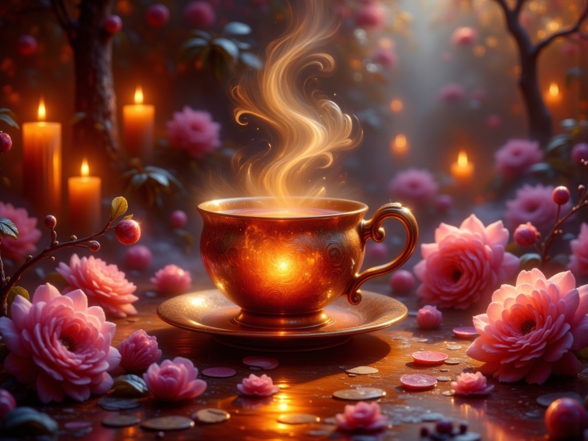 Ornate Teacup Surrounded by Roses and Candlelight