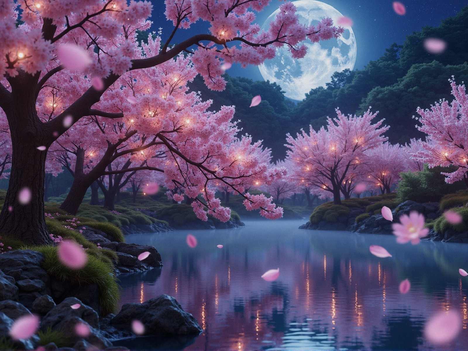 Tranquil Nighttime River with Cherry Blossoms and Moonlight