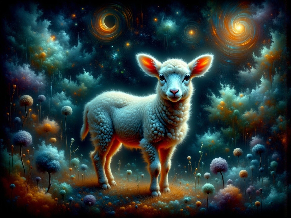 Fluffy White Lamb in a Cosmic Colorful Landscape