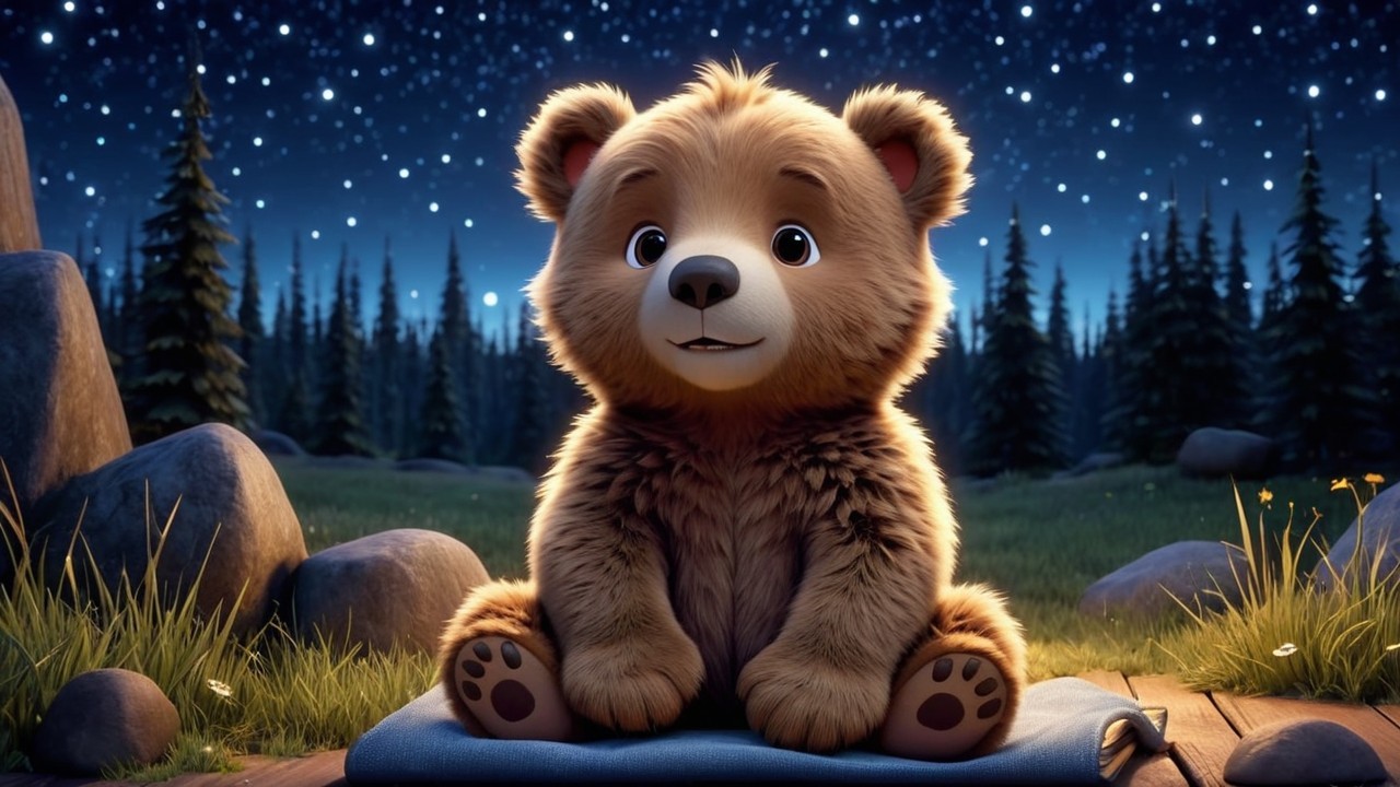 Fluffy Bear Cub in Serene Starry Night Setting