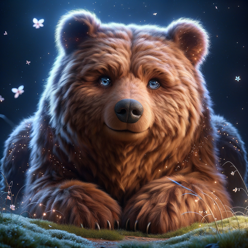 Charming bear resting on soft grass with flowers