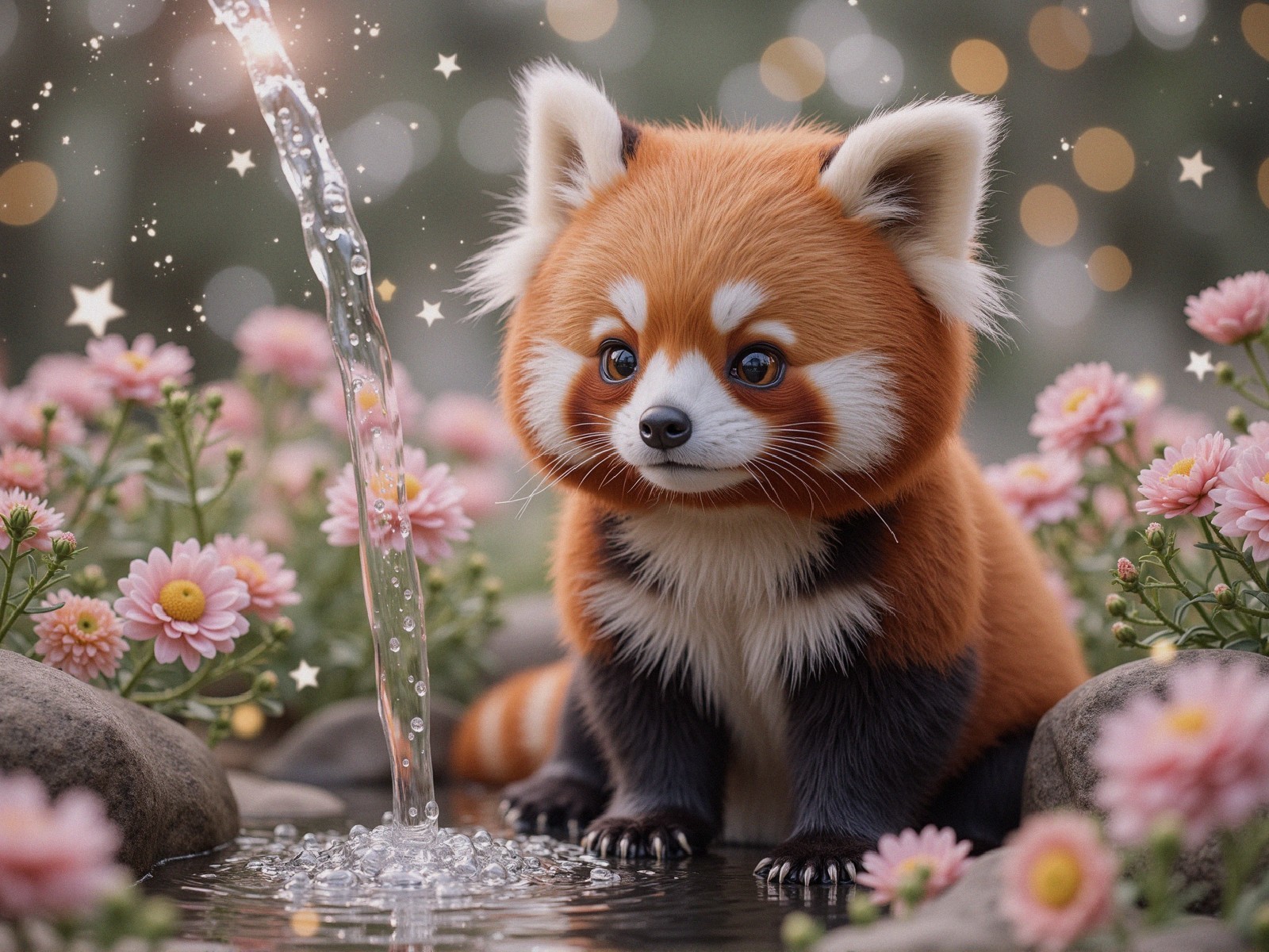 Red panda by sparkling stream with vibrant flowers