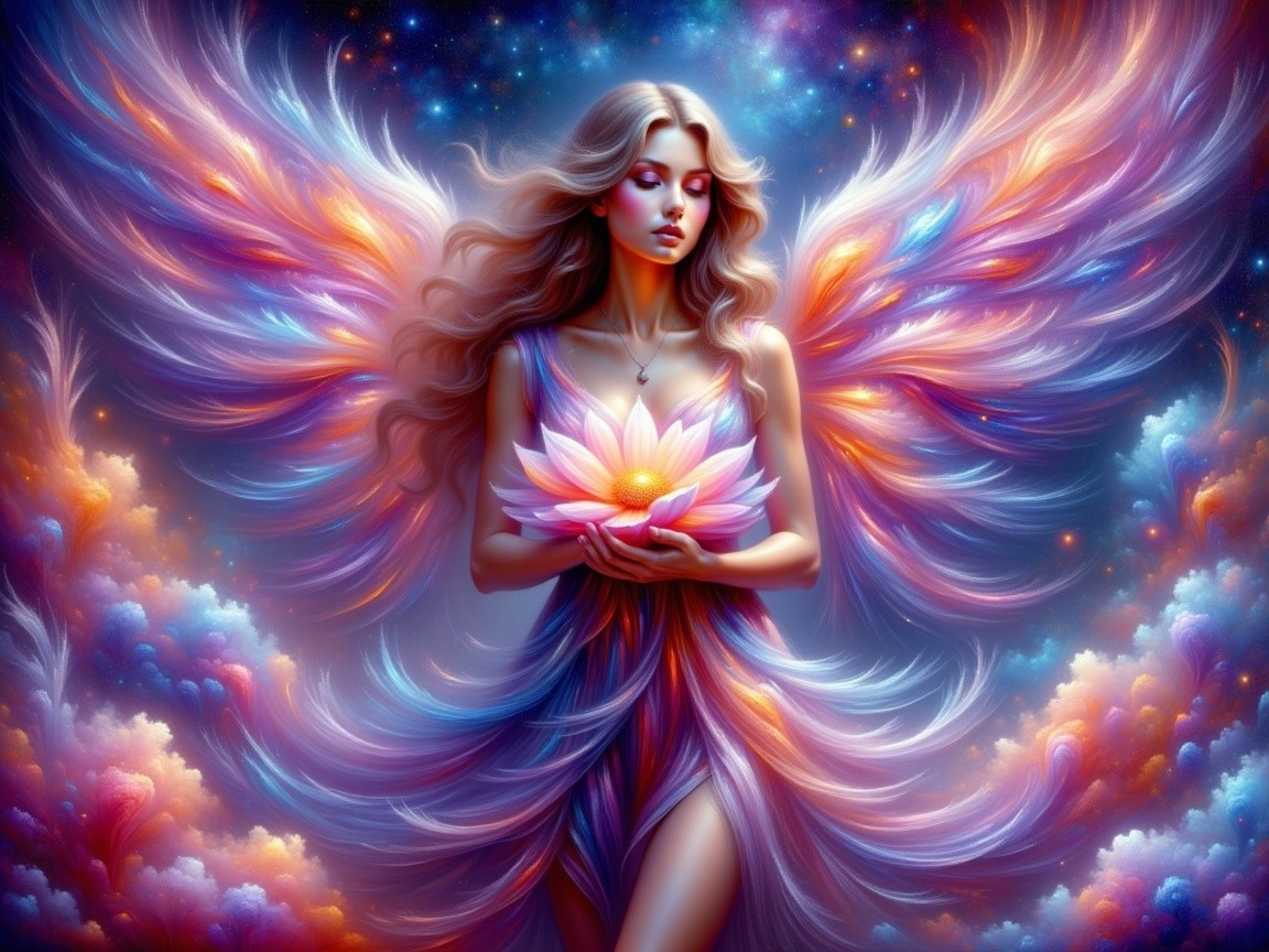 Celestial Figure with Wings and Luminous Lotus Flower