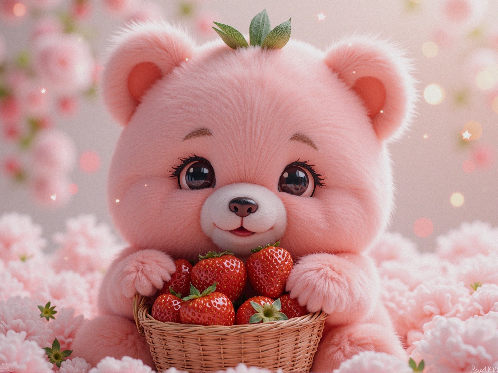 Fluffy Pink Bear Surrounded by Pink Flowers and Strawberries