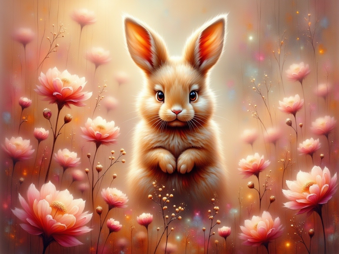 Fluffy Rabbit in a Dreamy Flower Field Scene