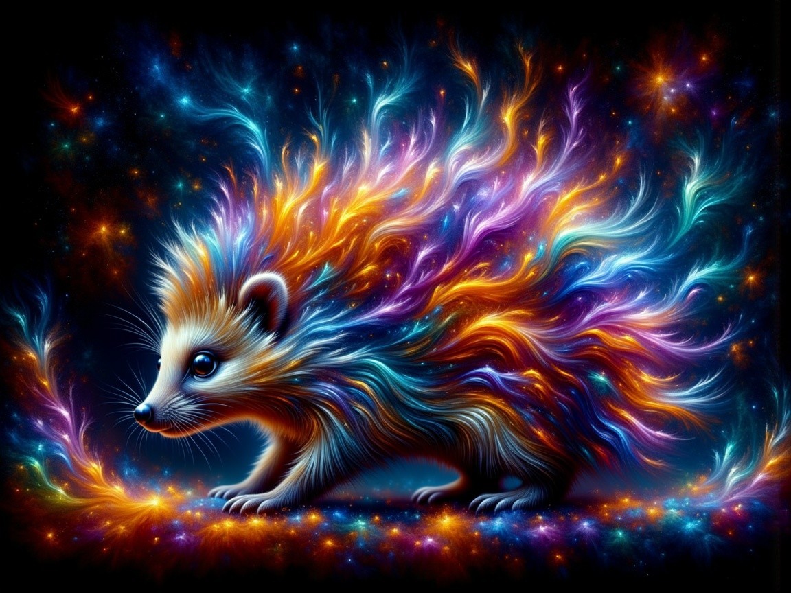 Whimsical Hedgehog with Colorful Iridescent Flames