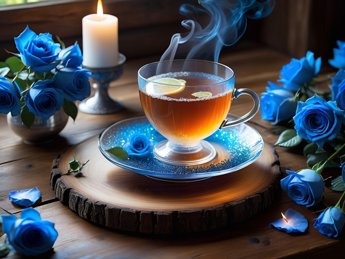 Elegant Tea Setting with Blue Roses and Candles