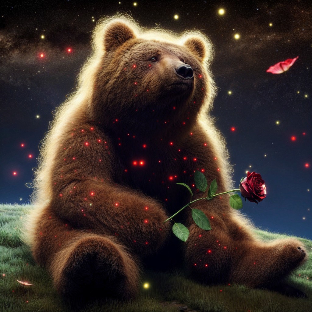 Bear in Cosmic Landscape with Red Rose and Stars