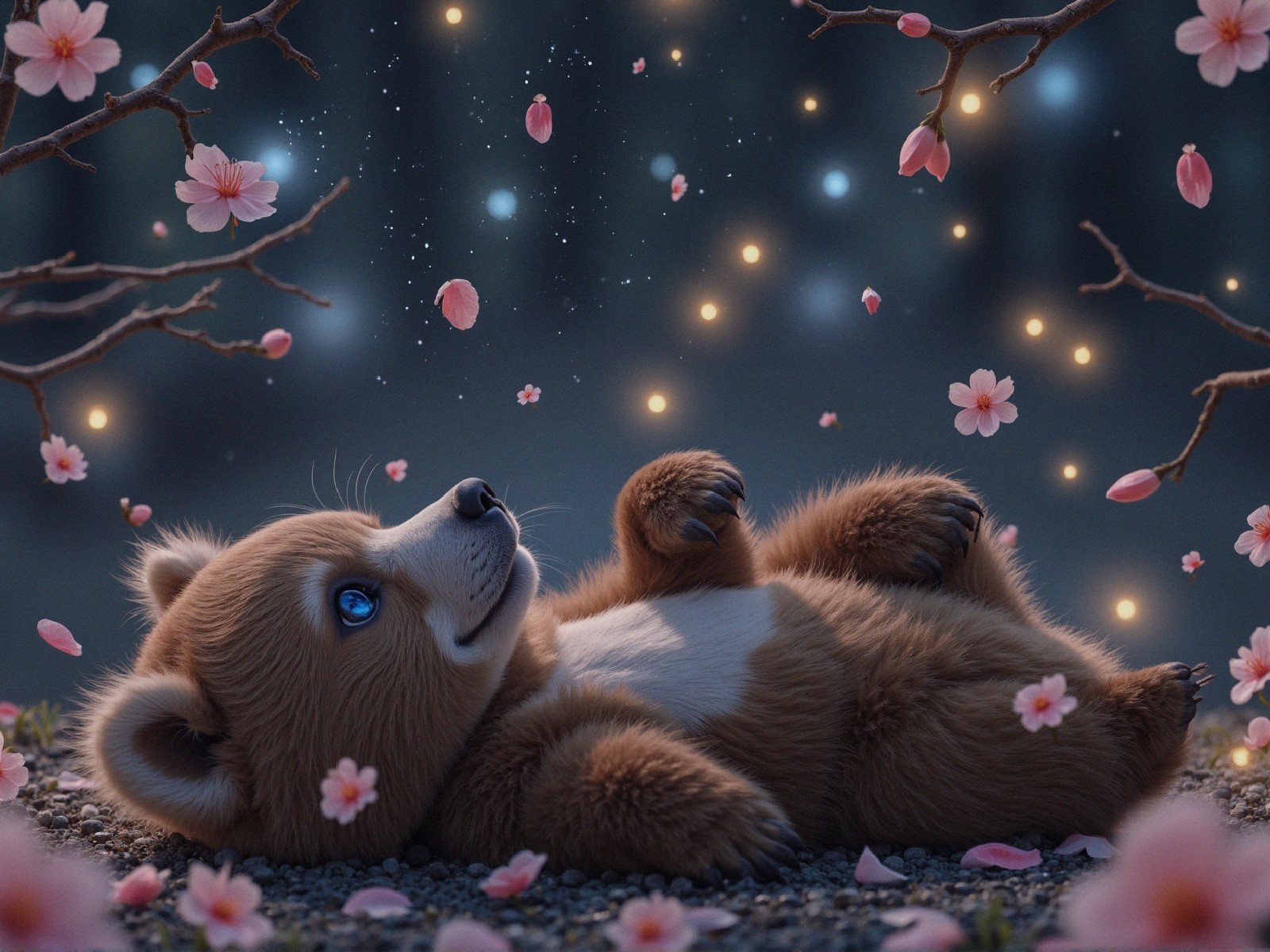 Fluffy Bear Cub Surrounded by Cherry Blossoms at Night