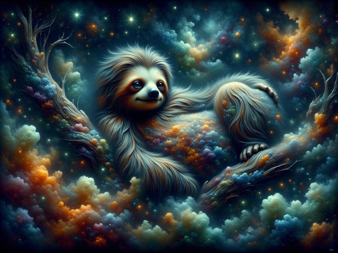 Whimsical Sloth on a Fantastical Tree Branch
