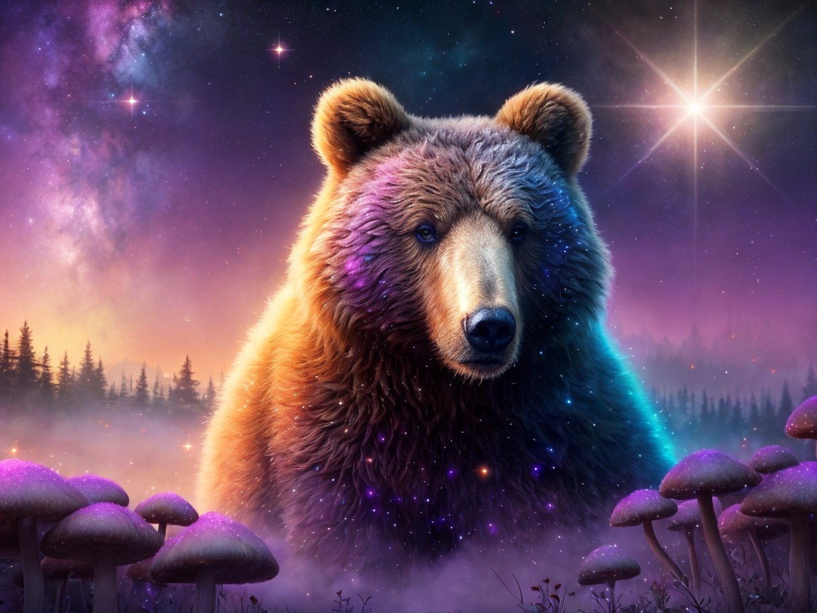 Majestic bear in a cosmic landscape with surreal mushrooms
