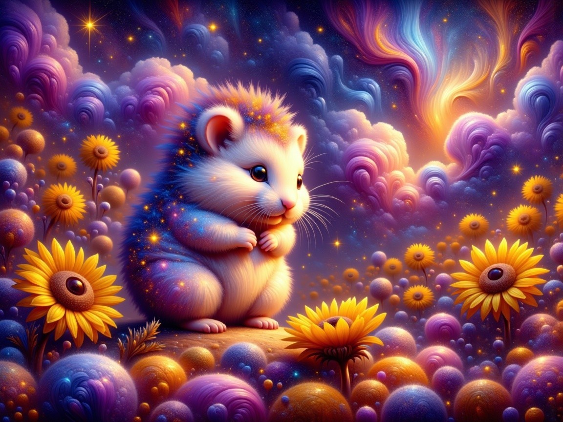Fluffy Hedgehog in a Colorful Whimsical Landscape