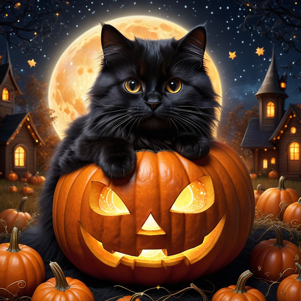 Black Cat on Glowing Pumpkin in Halloween Scene