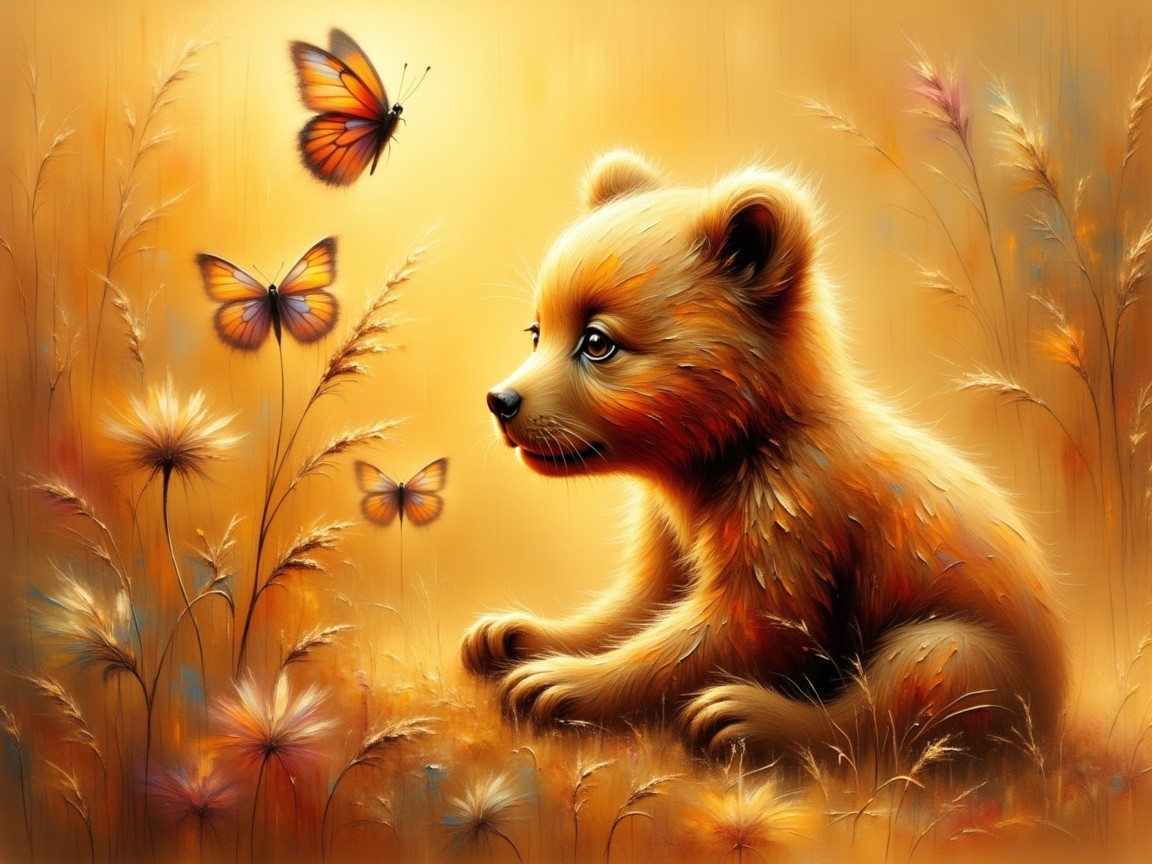 Fluffy bear cub in a field of flowers and butterflies