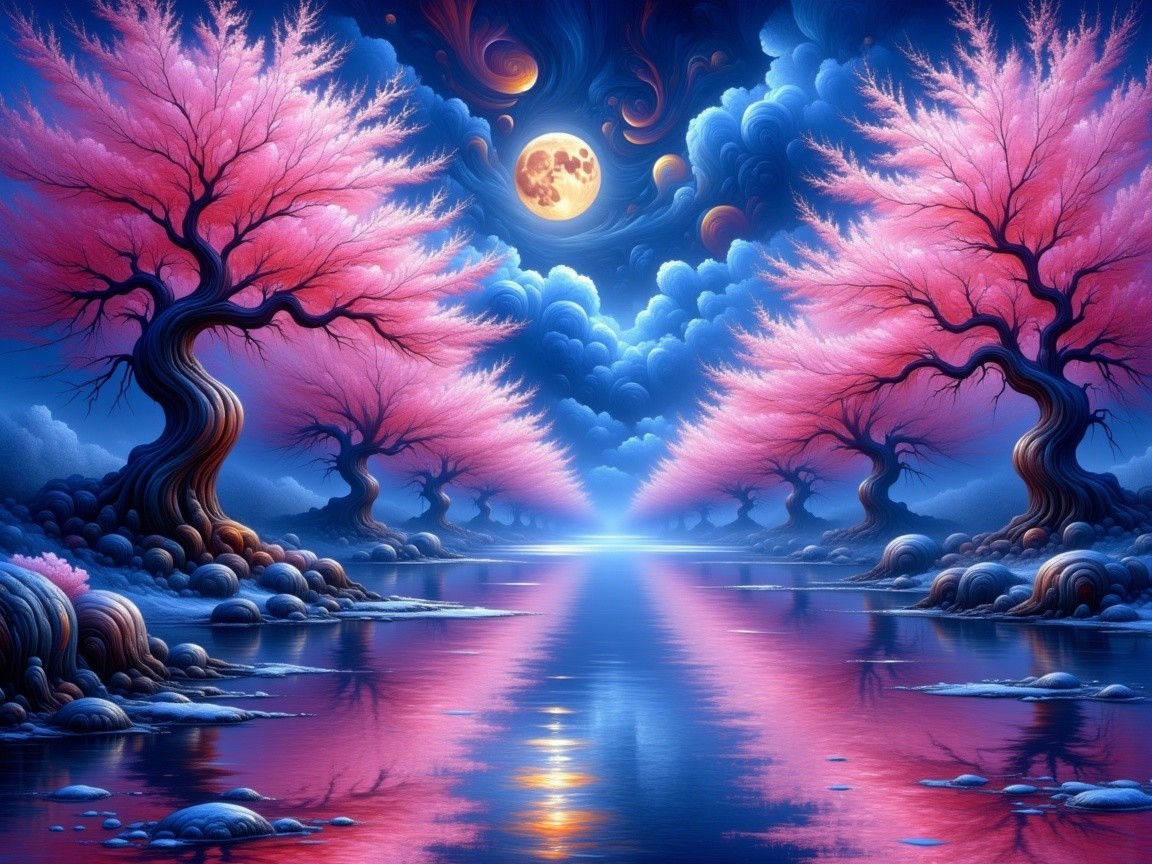 Serene Cherry Blossom Landscape by a Tranquil River
