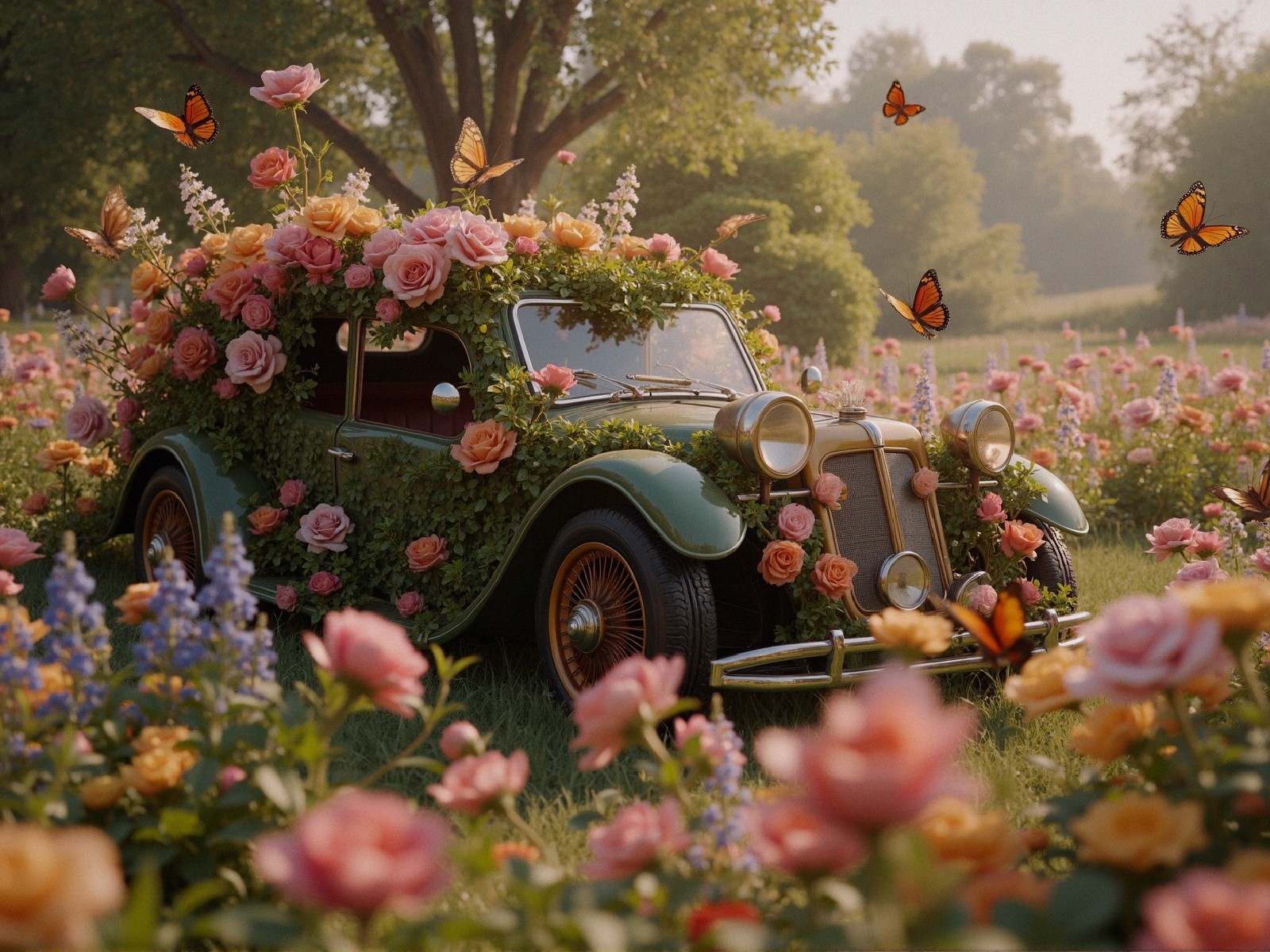 Vintage Car Surrounded by Roses in Flower Field