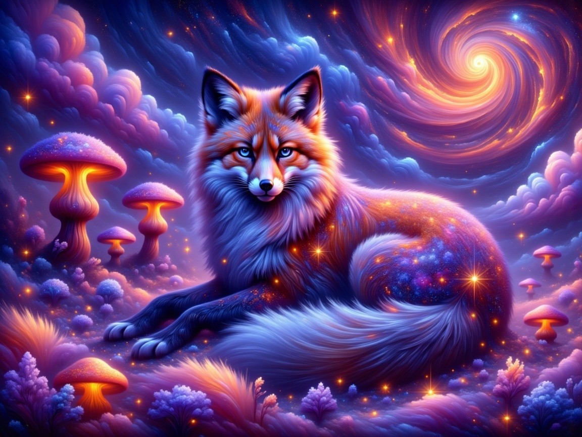 Cosmic Fox in a Surreal Landscape of Glowing Fungi
