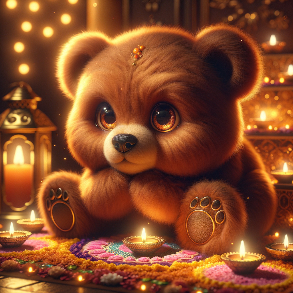 Fluffy Cartoon Bear Surrounded by Candlelight and Decor