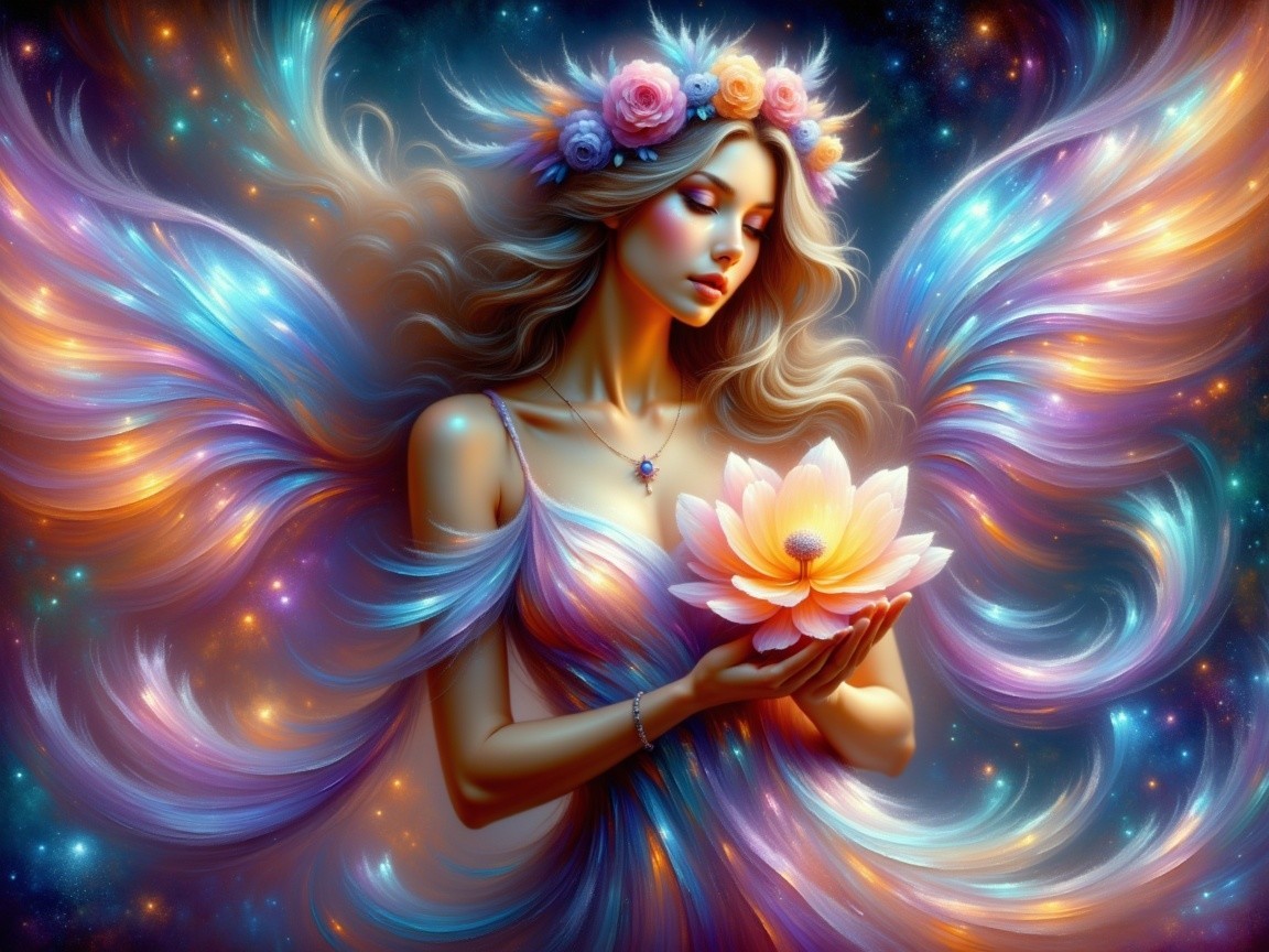 Ethereal figure with colorful hair and glowing lotus