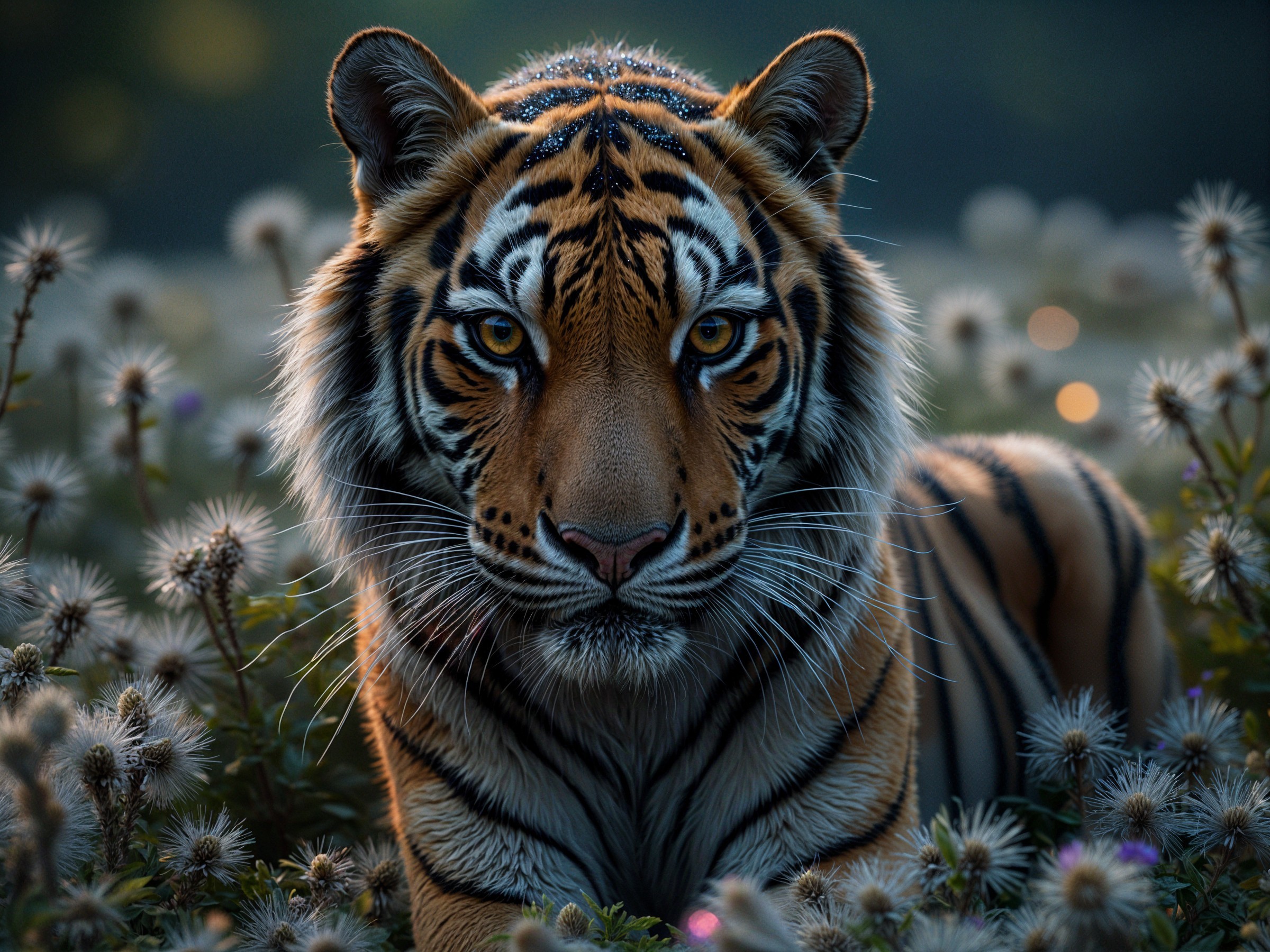 Frontal Headshot of a Tiger in a Field Setting