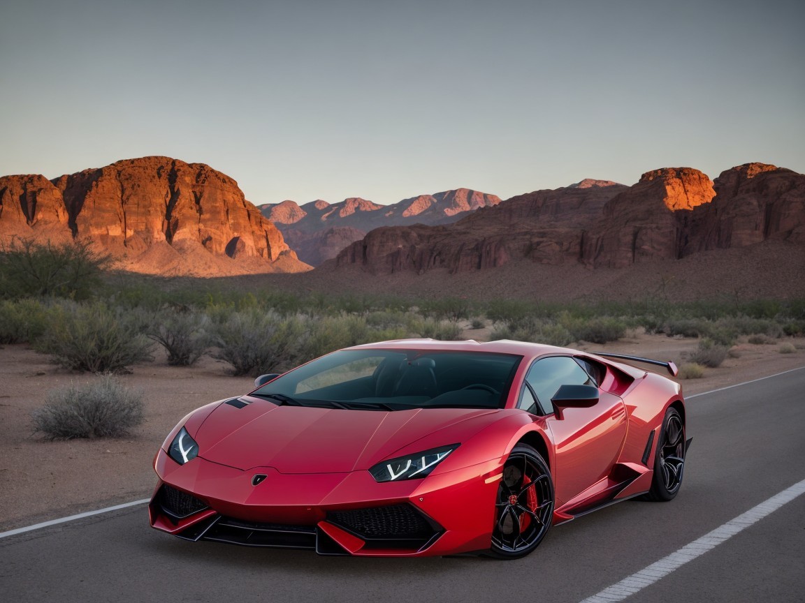 Red Lamborghini Aventador on Desert Road at Twilight