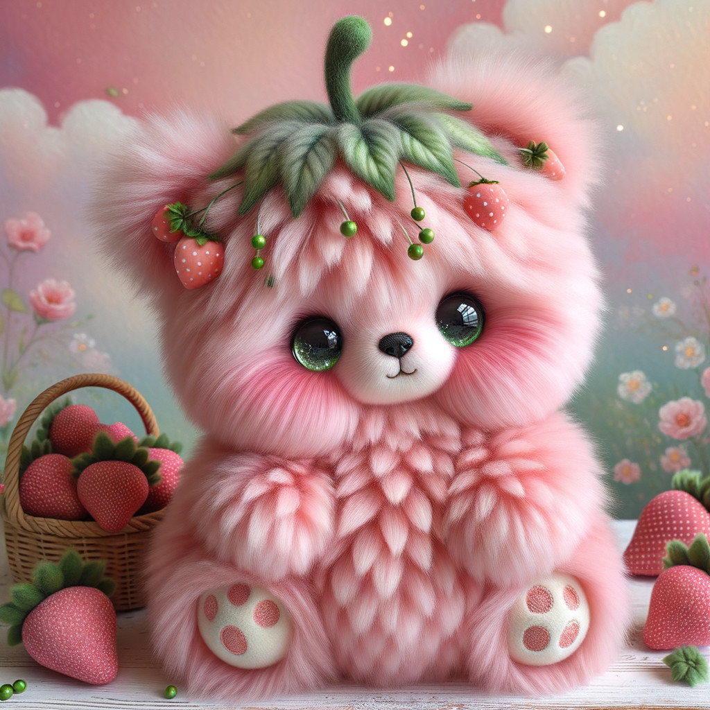 Fluffy pink bear plushie with strawberries and flowers