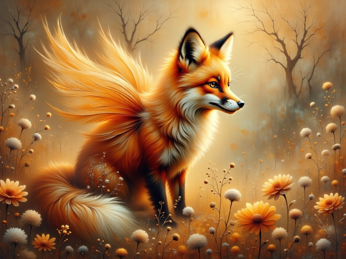Majestic fox in serene landscape with flowers and trees