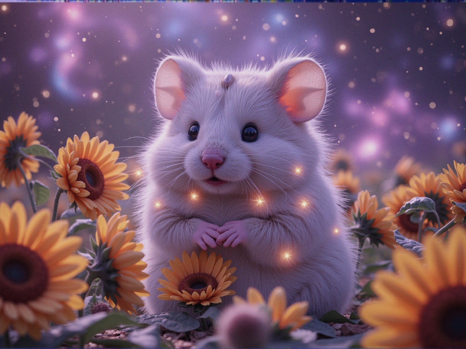 Fluffy Hamster Among Sunflowers with Glowing Lights