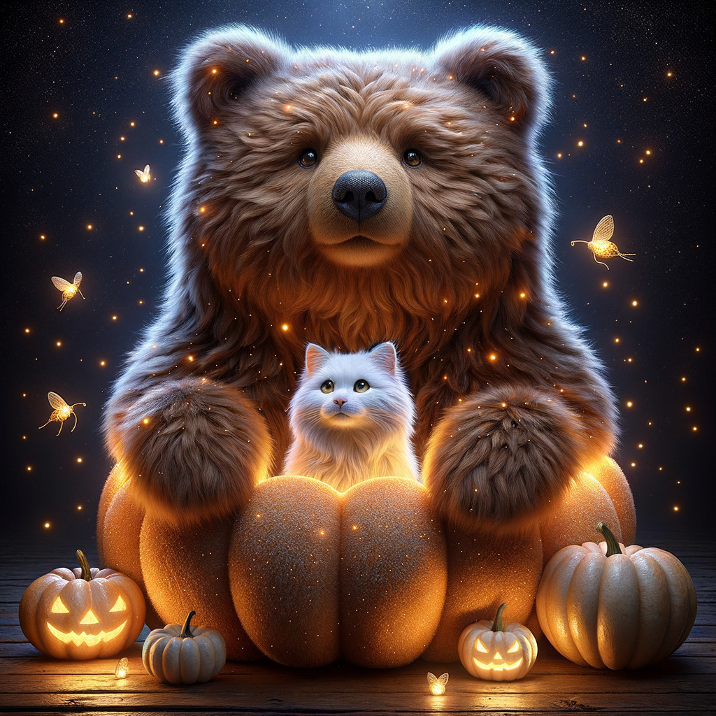 Whimsical Bear and Cat in a Glowing Pumpkin Scene