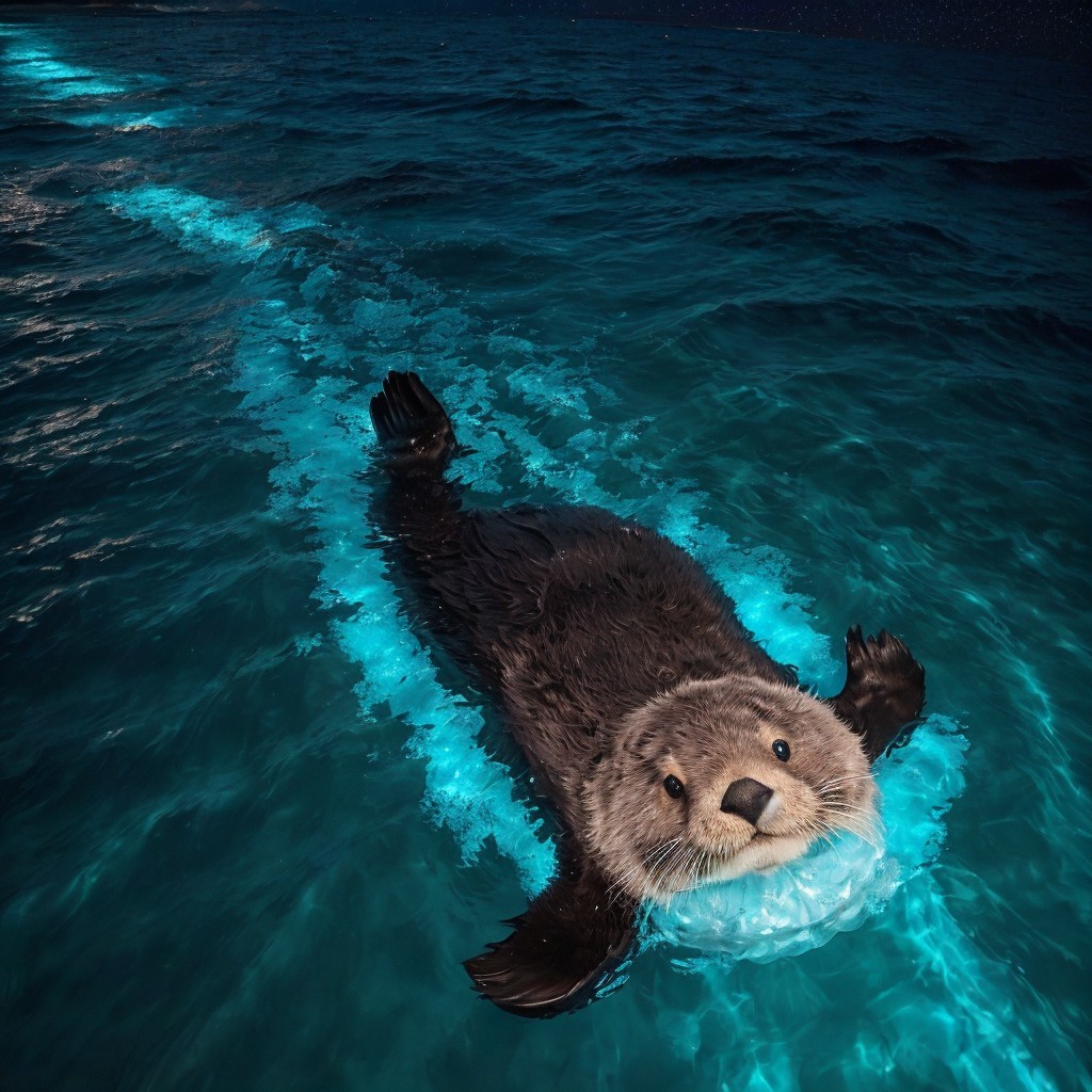 Baby otter floating in bioluminescent sea at night