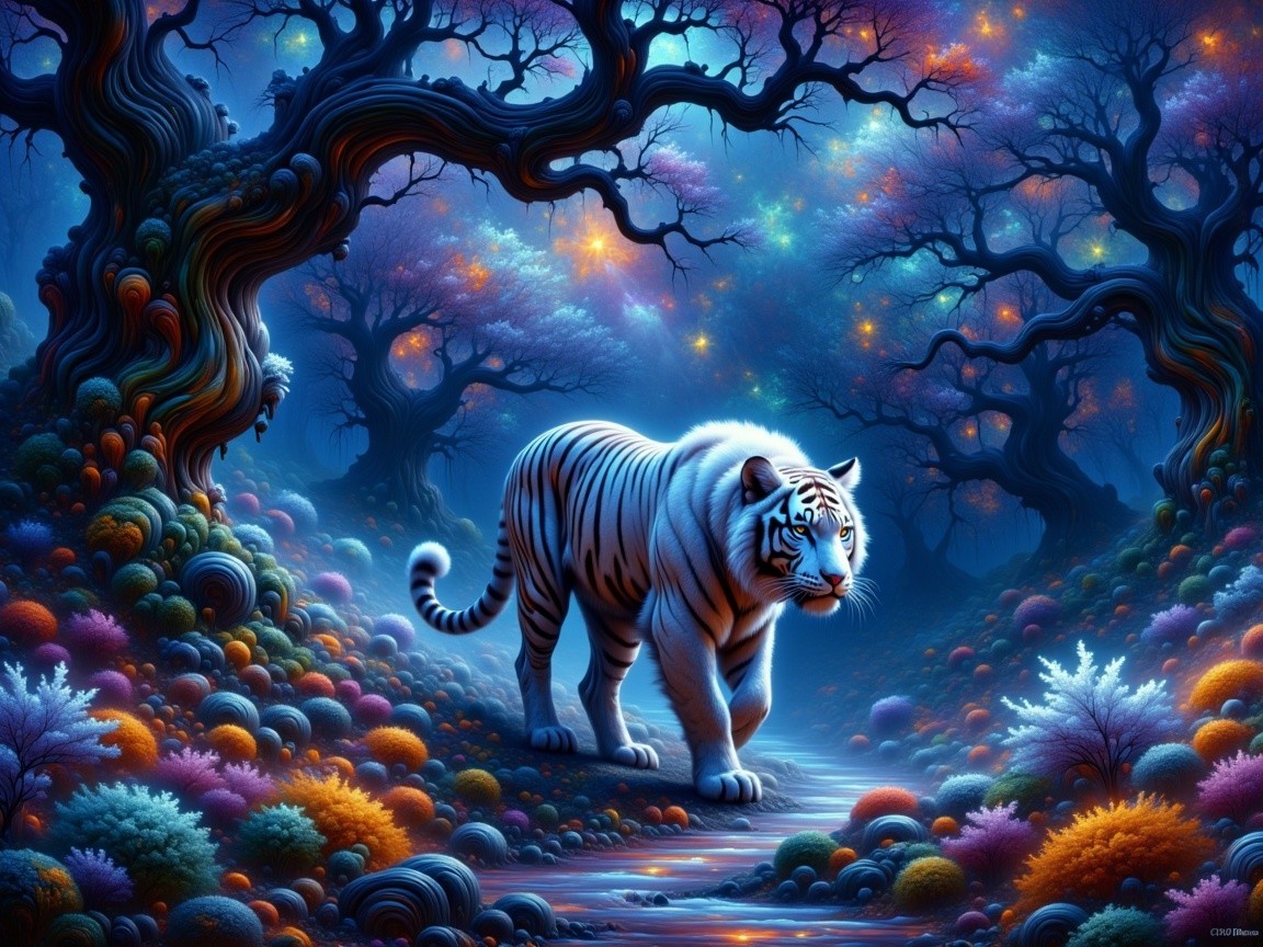 Luminous White Tiger in Enchanting Colorful Forest